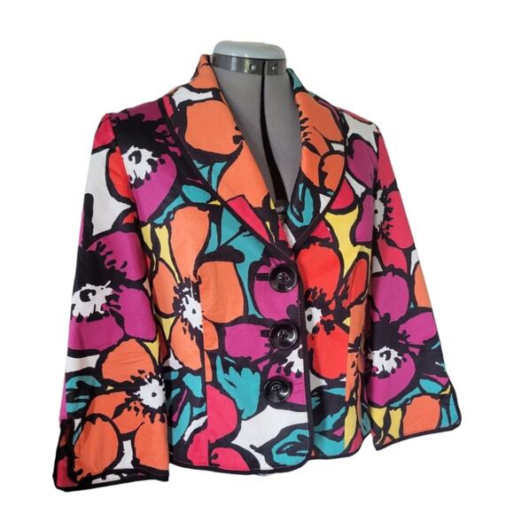 Cotton Floral Jacket Blazer Size 4 Bright Colors Pink Orange Turquoise Office - Picture 1 of 10